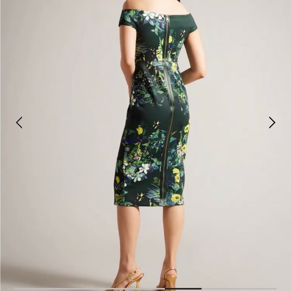 TED BAKER LONDON ~ Devina ~ Green Floral Bardot Midi Strapless Bodycon Dress ~ - Picture 3 of 5